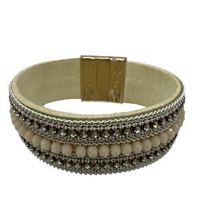 Rhinestone Cuff Fabric Bracelet Magnetic Closure Costume Fashion Jewelry Cream